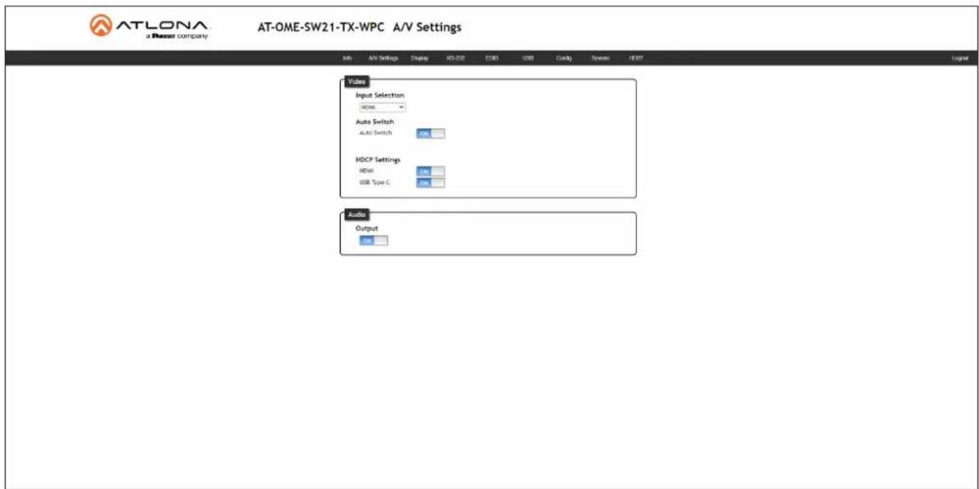 ATLONA a Power company AT-OME-SW21-TX-WPC A/V Settings Info A/V Settings Display RS-SSF PSD USB Control System HKEY Video Input Selection HDMI Auto Switch Auto Switch HDCP Settings HDMI USB Type C Audio Output Audio