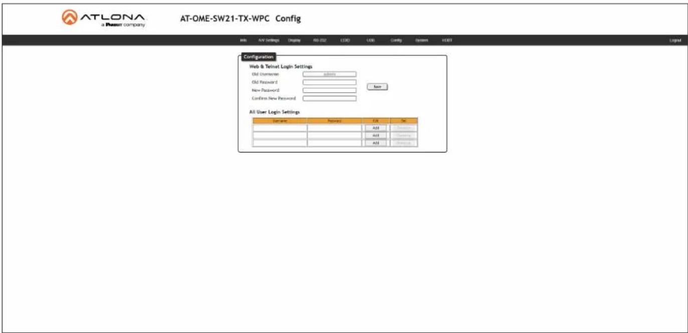 ATLONA a Resort company AT-OME-SW21-TX-WPC Config Configuration Web & Telnet Login Settings Old Username: admin Old Password: New Password: Confirm New Password: Save All User Login Settings Sample Password Edit Use Add Software Add Software Add Software