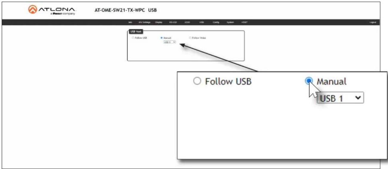 ATLONA a Resen company AT-OME-SW21-TX-WPC USB USB Host ○ Follow USB ● Manual USB 1 ○ Follow Vial ○ Follow USB Manual USB 1