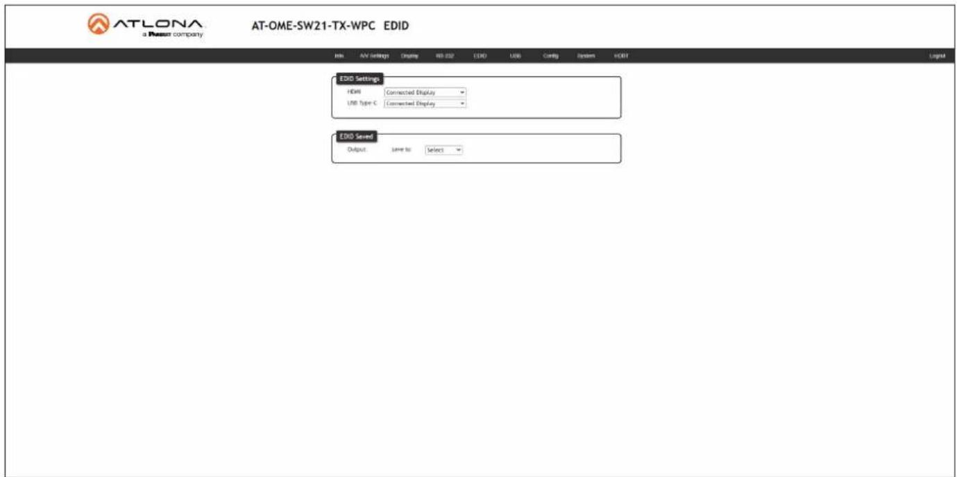 ATLONA a Passer company AT-OME-SW21-TX-WPC EDID File AV Settings Display RD 232 EVID USB Compl System HOLT EVID Settings HDMI Connected Display USB Type C Connected Display EVID Saved Output Save to Select