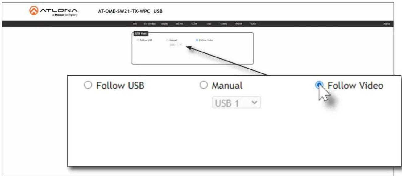 ATLONA a Press company AT-OME-SW21-TX-WPC USB USB Host Follow USB Manual Follow Video USB 1 Follow USB Manual USB 1 Follow Video