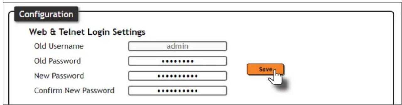 Configuration Web & Telnet Login Settings Old Username admin Old Password ****** New Password ****** Confirm New Password ****** Save
