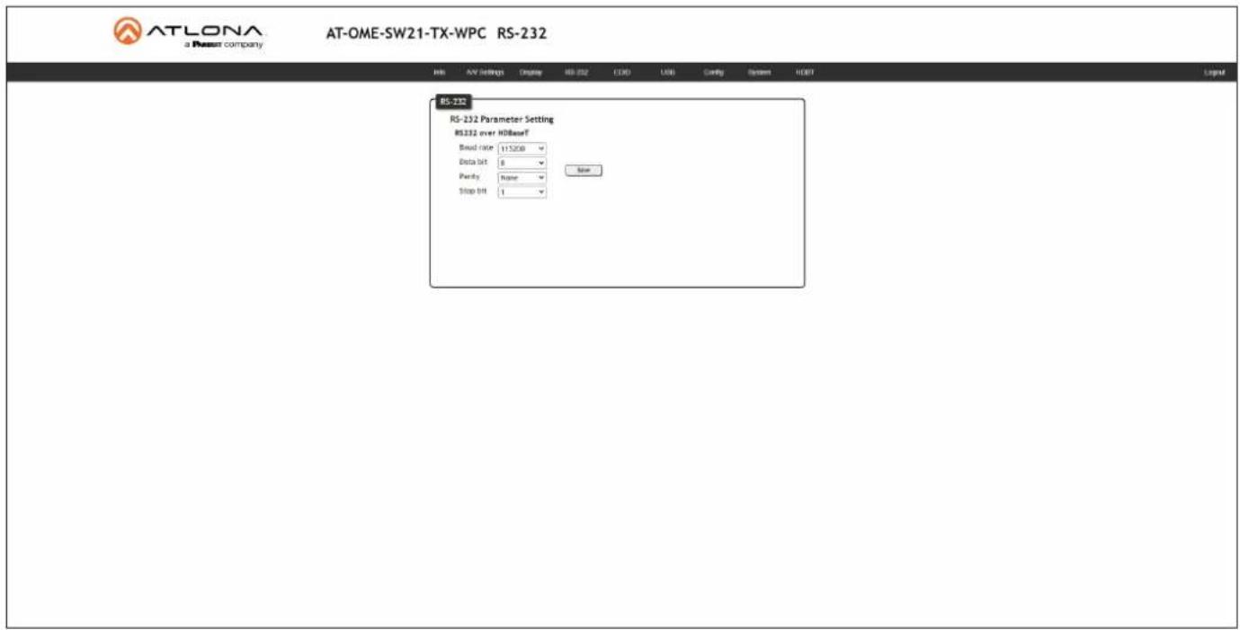 ATLONA a Resort company AT-OME-SW21-TX-WPC RS-232 RS-232 RS-232 Parameter Setting RS232 over HDBearT Spread rate 115000 Data bit 8 Parity Rate Stop bit 1 New