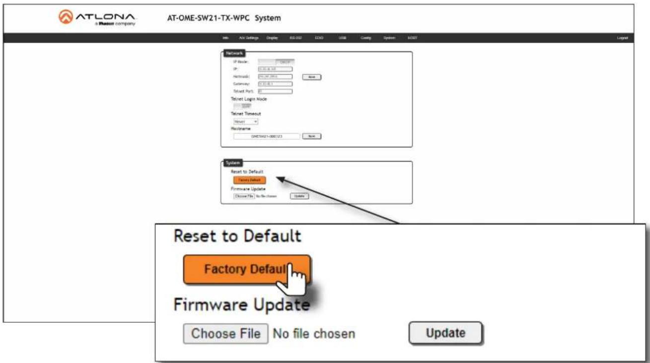 ATLONA a Planet company AT-OME-SW21-TX-WPC System File AV Settings Display RS-032 LCD USB Coding System RESET Network IP User: IP: Networks: Customs: Timeout Port: Timeout Login Mode: Timeout Timeout Maintenance: DMET54021-000123 System Reset to Default Factory Default Firmware Update Choose File No file chosen Update Reset to Default Factory Default Firmware Update Choose File No file chosen Update Update