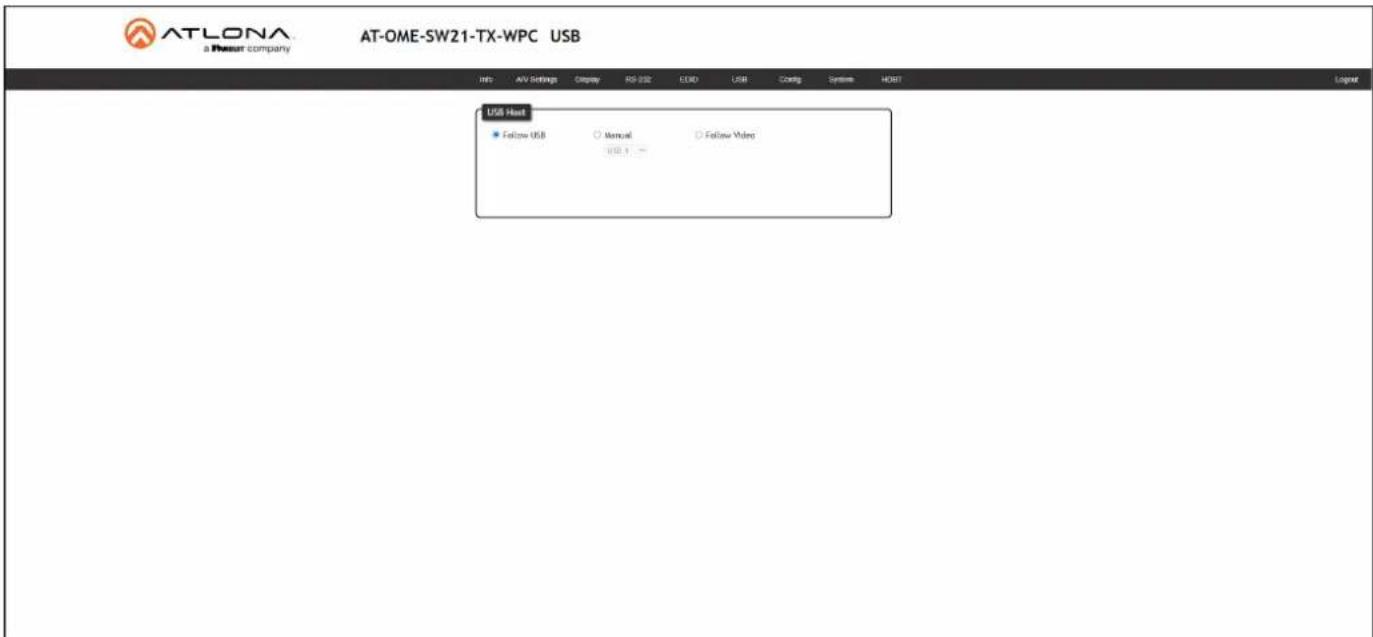 ATLONA a Power company AT-OME-SW21-TX-WPC USB USB Host ● Follow USB ○ Manual ○ Follow Video USB 1 -