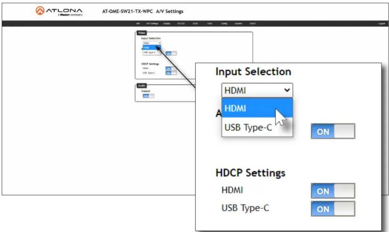 ATLONA a Power company AT-OME-SW21-TX-WPC A/V Settings Video Input Selection HDMI HDMI USB Type-C ON HDCP Settings HDMI USB Type-C ON Audio Output OSI Input Selection HDMI HDMI USB Type-C ON HDCP Settings HDMI USB Type-C ON