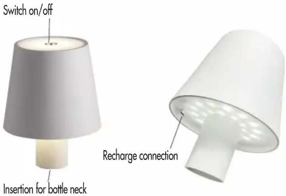 Switch on/off Insertion for bottle neck Recharge connection