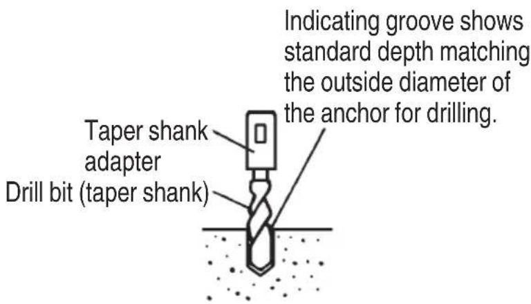 Indicating groove shows standard depth matching the outside diameter of the anchor for drilling. Taper shank adapter Drill bit (taper shank)