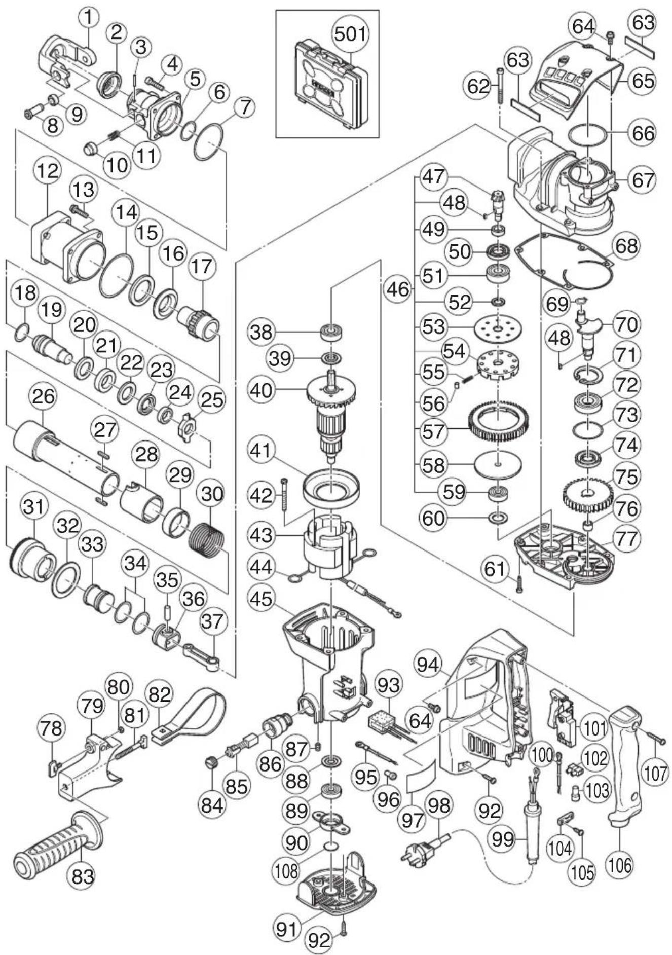Exploded view diagram of a mechanical assembly with numbered parts and component labels