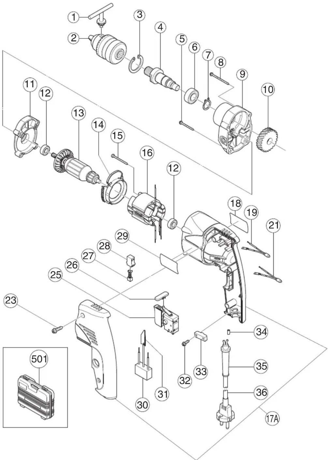 Exploded view diagram of a power tool assembly with numbered parts for identification