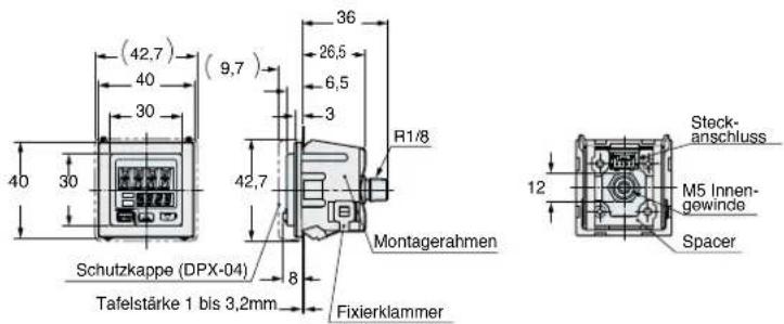 (42,7) (9,7) 36 26,5 6,5 3 R1/8 42,7 Schutzkappe (DPX-04) Tafelstärke 1 bis 3,2mm 8 Fixierklammer Montagerahmen Stack- anschluss M5 Innen- gewinde Spacer 12