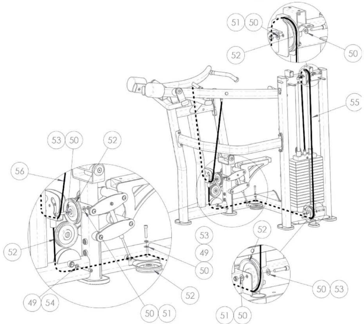 Technical diagram of a mechanical device with numbered components and sectional views
