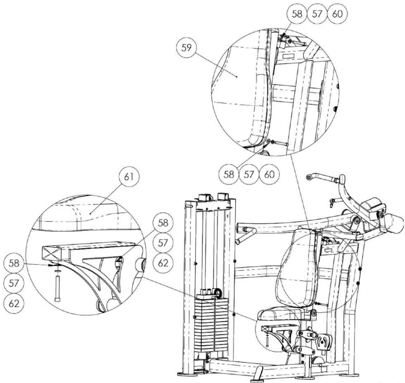 Technical diagram of a gym machine with numbered components and cross-sectional views