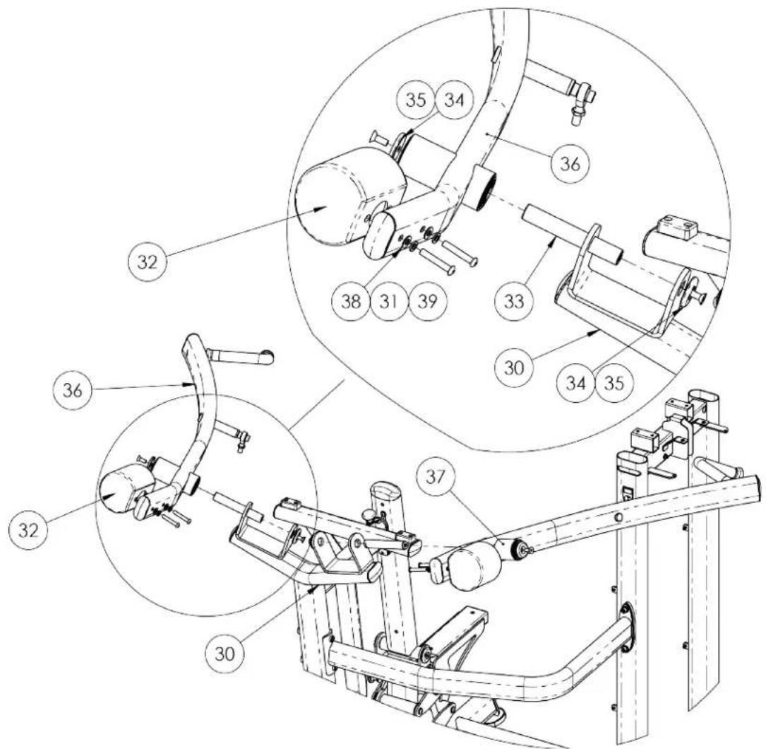 Technical diagram of a mechanical assembly with numbered components and detailed views