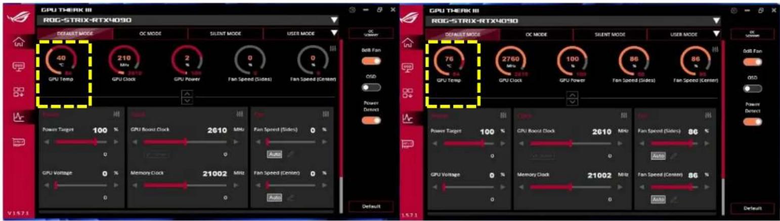 GPU THERK III ROG-STRIX-RTX4090 DEFAULT MODE OC MODE SILENT MODE USER MODE OC 40 210 2 0 0 GPU Temp GPU Clock GPU Power Fan Speed (Slides) Fan Speed (Center) DeB Fan OSD Power Detect GPU THERK III ROG-STRIX-RTX4090 DEFAULT MODE OC MODE SILENT MODE USER MODE OC 76 2760 100 86 86 GPU Temp GPU Clock GPU Power Fan Speed (Slides) Fan Speed (Center) DeB Fan OSD Power Detect Power Target 100 % GPU Board Clock 2610 MHz Fan Speed (Sides) 0 % Auto GPU Voltage 0 % Memory Clock 21002 MHz Fan Speed (Center) 0 % Auto 1571 Default Default