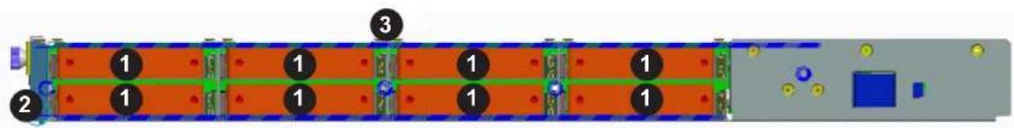 Diagram of a multi-layered electronic device with numbered components and colored indicators