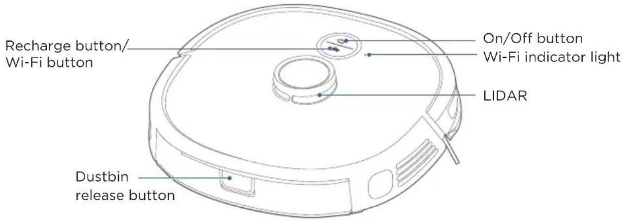 Recharge button/ Wi-Fi button On/Off button Wi-Fi indicator light LIDAR Dustbin release button