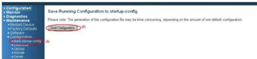 Configuration Monitor Diagnostics Maintenance Restart Device Factory Defaults Software Configuration Save startup-config Download Upload Activate Delete Save Running Configuration to startup-config Please note: The generation of the configuration file may be time consuming, depending on the amount of non-default configuration. Save Configuration (2) (1)