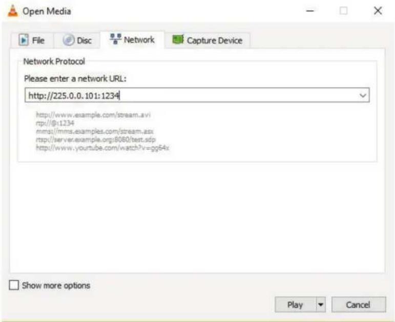 Open Media File Disc Network Capture Device Network Protocol Please enter a network URL: http://225.0.0.101:1234 http://www.example.com/stream.avi rtp://@t1234 mms//mms.examples.com/stream.asx rtsp//server.example.org/8060/test.sdp http://www.yourtube.com/watch?v=gg54x Show more options Play Cancel