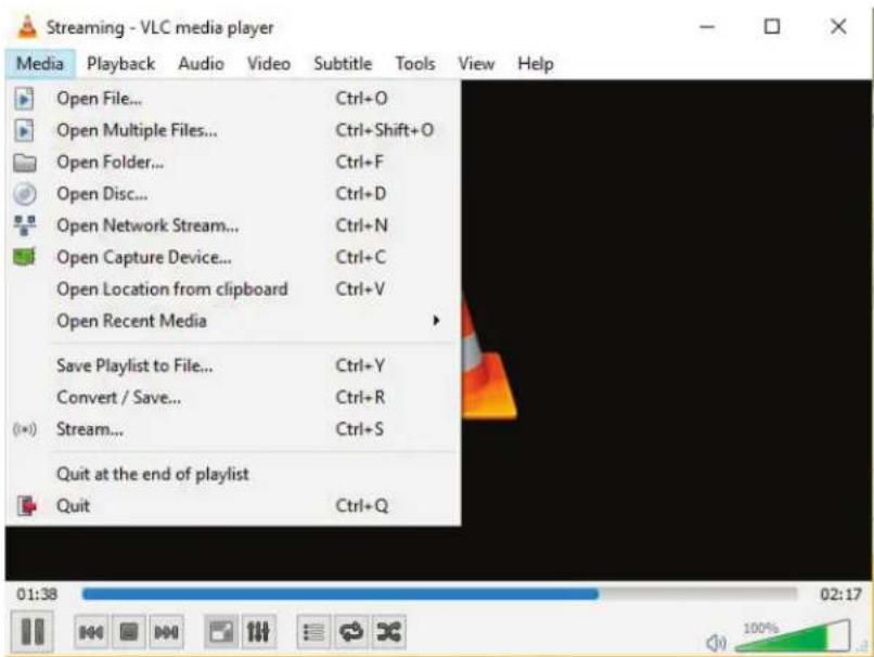 Streaming - VLC media player Media Playback Audio Video Subtitle Tools View Help Open File... Ctrl+O Open Multiple Files... Ctrl+Shift+O Open Folder... Ctrl+F Open Disc... Ctrl+D Open Network Stream... Ctrl+N Open Capture Device... Ctrl+C Open Location from clipboard Ctrl+V Open Recent Media Save Playlist to File... Ctrl+Y Convert / Save... Ctrl+R Stream... Ctrl+S Quit at the end of playlist Quit Ctrl+Q 01:38 02:17