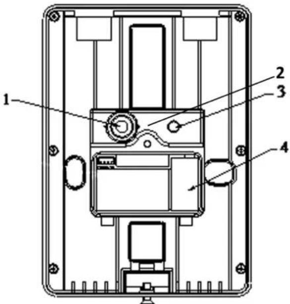 Technical diagram of a device casing with numbered components and labeled parts