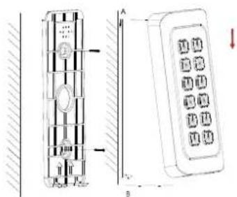 Technical diagram showing a vertical panel with internal components and a close-up of a device with labeled buttons and dimensions.