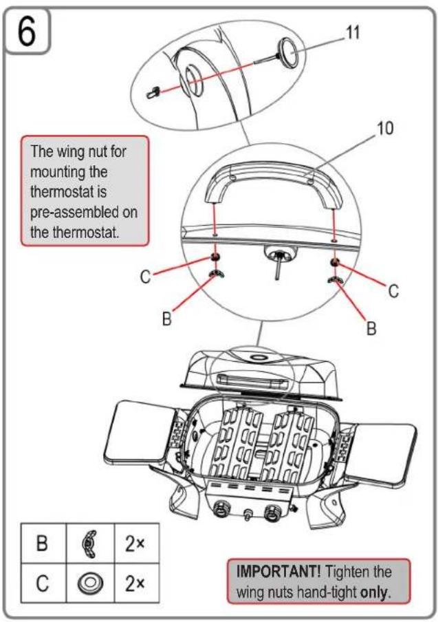 The wing nut for mounting the thermostat is pre-assembled on the thermostat. IMPORTANT! Tighten the wing nuts hand-tight only.