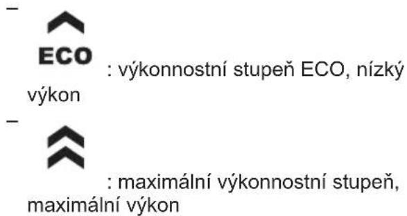 ECO : výkonnostní stupeň ECO, nízký výkon - : maximální výkonnostní stupeň, maximální výkon