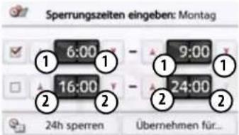 Sperrungszeiten eingeben: Montag 6:00 9:00 16:00 24:00 24h sperren Übernehmen für...