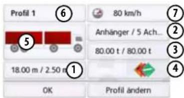 Profil 1 6 80 km/h 7 Anhänger / 5 Ach... 2 5 80.00 t / 80.00 t 3 18.00 m / 2.50 m 4 OK Profil ändern