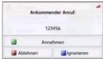 Ankommender Anruf: 123456 Annehmen Ablehnen Ignorieren
