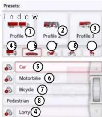 Presets: i n d o w Profile 1 Profile 2 Profile 3 4 5 6 7 8 Car 5 Motorbike 6 Bicycle 7 Pedestrian 8 Lorry 4