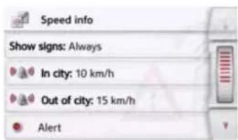 Speed info Show signs: Always In city: 10 km/h Out of city: 15 km/h Alert