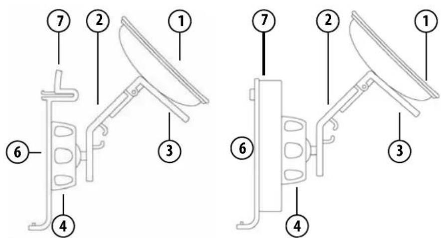 Technical diagram showing two views of a mechanical device with numbered components labeled 1 through 7.