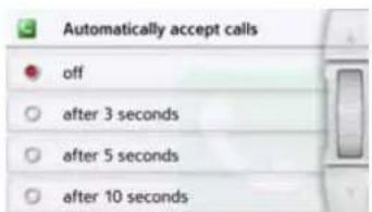 Automatically accept calls off after 3 seconds after 5 seconds after 10 seconds