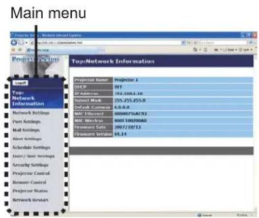Main menu Project 2011 - Windows Internet Explorer Project 2011 Project 2011 Project 2011 Project 2011 Project 2011 Project 2011 Project 2011 Project 2011 Project 2011 Project 2011 Project 2011 Project 2011 Project 2011 Project 2011 Project 2011 Top Network Information Projector Name Projector 1 DECP 987 IP Address 792-1063.10 Subject Mask 755-255-255-8 Default Gateway 6.0.0.6 MAC Ethernet 300/87/50/AC/93 MAC Wireless 800/100/00A0 Firmware Data: 300/7/10/12 Firmware Version: 94.14