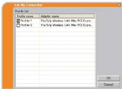 Add My Connection Profile list Profile name Adaptor name Profile-1 11a/b/g Wireless LAN Mini PCI Expre.. Profile-2 11a/b/g Wireless LAN Mini PCI Expre.. OK Cancel