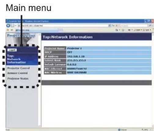 Main menu Projects Setup Project1 Setup Target Top: Network Information Projector Control Resource Control Projector Status Top:Network Information Projector Name Projector 1 DECP 017 IP Address 192.358.1.18 Select Book 2/5.25.2/5.3 Default Command 0.0.0.0 MAR Effect 60000F50A4C72 MAC Workbox 600E ISO200401