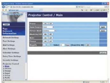 Projector Control / Main Projector Top: Back/Back Information Network Settings Port Settings Mail Settings Alert Settings Schedule Settings Data/Time Settings Security Settings Projector Control Main Projector Image Input Output Audio Structure Projector Control / Main Projector Source Mode Mode Mode (0 to 10) Mode Mode Mode Mode Mode Value: 15 Time (Start 0 to 40) - 271 Apply Apply