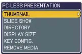 PC-LESS PRESENTATION THUMBNAIL SLIDE SHOW DIRECTORY DISPLAY SIZE KEY CONFIG. REMOVE MEDIA