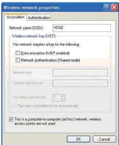 Wireless network properties Association Authentication Network name (SSID): H0GE Wireless network key (WEP) This network requires a key for the following: □ Data encryption (WEP enabled) □ Network Authentication (Shared node) Network key: Confirm network key: Key index (advanced): 1 □ The key is provided for me automatically □ This is a computer-to-computer (ad hoc) network; wireless access points are not used OK Cancel