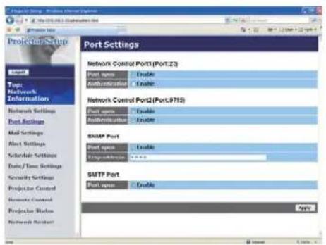 Port Settings Network Control Port1(Port:23) Port Open Enable Authentication Enable Network Control Port2(Port:9715) Port Open Enable Authentication Enable SMTP Port Port Open Enable Trigger-admission 0.0.0.0 SMTP Port Port Open Enable Apply