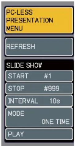 PC-LESS PRESENTATION MENU REFRESH SLIDE SHOW START #1 STOP #999 INTERVAL 10s MODE ONE TIME PLAY