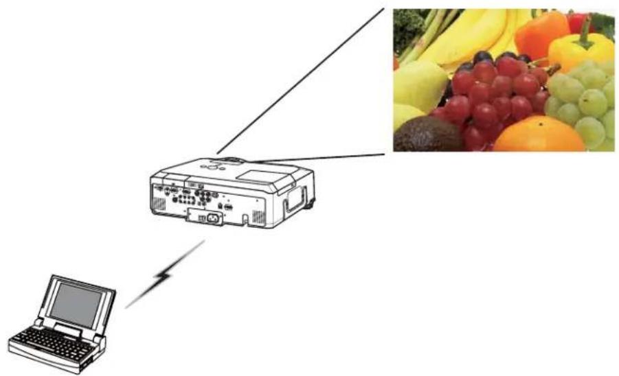 Diagram showing a laptop connected to an electronic device and a fruit image, illustrating wireless communication or data transmission.