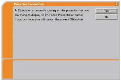 Projector Connection A Slideshow is currently running on the projector that you are trying to display to PC-Loss Presentation Model. If you continue, you will cancel the current Slideshow. Yes No