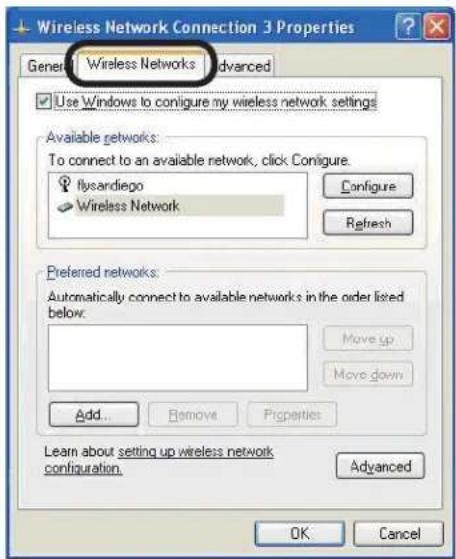 Wireless Network Connection 3 Properties General Wireless Networks Advanced Use Windows to configure my wireless network settings Available networks: To connect to an available network, click Configure. Flysardiego Wireless Network Configure Refresh Preferred networks: Automatically connect to available networks in the order listed below. Move up Move down Add... Remove Properties Learn about setting up wireless network configuration. Advanced OK Cancel