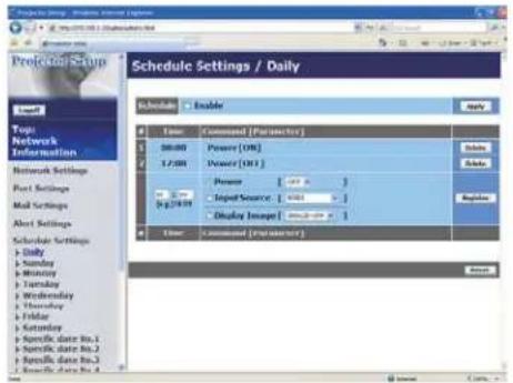 Schedule Settings / Daily Schedule Settings Enable Time Command (Parameter) 00:00 Power (OK) 17:00 Power (OK) Power Input Source: Display Image Current Command (Parameter) Data Data Regular Sunny Sunny Monday Tuesday Wednesday Thursday Friday Saturday Specific data No.1 Specific data No.2 Specific data No.3 Sunny Data Sunny Data