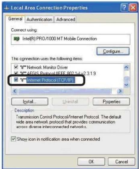 Local Area Connection Properties General Authentication Advanced Connect using: Intel(R) PRO/1000 MT Mobile Connection Configure... The connection uses the following items: ✓ Network Monitor Driver ✓ AEGIS Protocol (IEEE 802.1x v2.3.1.9 ✓ Internet Protocol [TCP/IP] Install... Uninstall Properties Description Transmission Control Protocol/Internet Protocol. The default wide area network protocol that provides communication across diverse interconnected networks. ✓ Show icon in notification area when connected OK Cancel