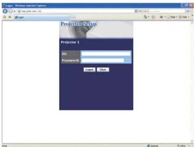 Login - Windows Internet Explorer http://1932.108.1.102 Projector Setup Projector 1 ID: Password: Logos Clear Done Internet 100%