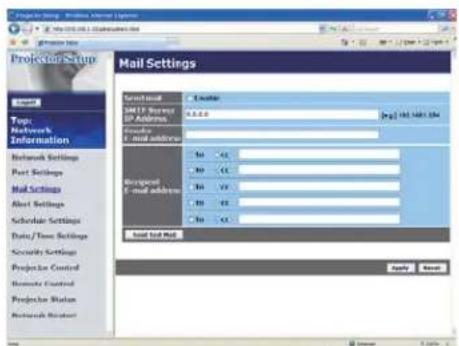Mail Settings Mail Settings SNET Server IP Address Closely E-mail address Network Settings Port Settings Mail Settings Alert Settings Schedule Settings Date/Time Settings Security Settings Projector Control Remote Control Projector Status Network Status Mail List Map Apply Cancel